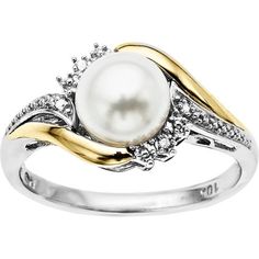 This cocktail style ring is created in sterling silver and 10Kt yellow gold. At the center of this ring, a 7mm round freshwater pearl stone is securely set in the center and further enhanced by round diamonds on both sides. This ring is crafted in a high polish finish and contains a total of four diamonds. The swirl design of this item gives it an elegant and classy feminine look. Wear it alone as an everyday favorite or with other jewelry pieces. Perfect for June birthdays. Matching pendant in Stone Ring Design, White Stone Ring, Pearl Birthstone, June Birthstone Ring, Gold Pearl Ring, Pearl And Diamond Ring, Fine Silver Jewelry, Silver Jewelry Design, Jewels Rings