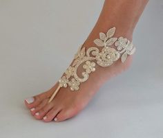 Champagne Lace Sandal Beach Wedding Barefoot Sandals | Etsy Elegant Summer Bridal Accessories With Open Toe, Elegant Open Toe Bridal Accessories For Summer, Elegant Spring Barefoot Sandals With Adjustable Fit, Elegant Summer Bridal Accessories For Bridal Shower, Elegant Barefoot Sandals For Spring Party, Elegant Spring Party Barefoot Sandals, White Barefoot Sandals For Party, White Ankle Strap Barefoot Sandals For Parties, Elegant White Barefoot Sandals For Party