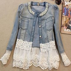 a denim jacket with white lace on the bottom and an image of a woman's shirt