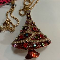 Betsey Johnson Necklace Can Be A Pin Or Broach Tree All Over Rhinestones Never Worn Bundle And Save Holiday Gift Jewelry With Rhinestones, Festive Holiday Jewelry With Rhinestones, Jeweled Crystal Rhinestone Necklace As Gift, Holiday Rhinestone Jewelry Gift, Holiday Jewelry Gift With Rhinestones, Holiday Rhinestone Jewelry For Gifts, Red Rhinestone Necklace For Gift, Red Necklace For Holiday Party, Red Holiday Party Necklace