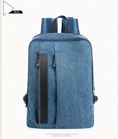 Mens 14 Inches Laptop Canvas Backpack Blue Laptop Bag With Zipper For Daily Use, Casual Blue Laptop Bag For School, Casual Travel Laptop Bag With Canvas Lining, Casual Blue Rectangular Laptop Bag, Blue Laptop Backpack For Travel, Cotton Backpack With Zipper Pocket For Travel, Blue Canvas Bags For Back To School, Blue Canvas Backpack For Back To School, Travel Backpack With Zipper Pocket In Cotton