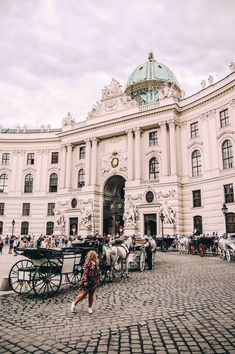 a horse drawn carriage in front of a large building