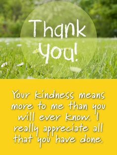 a thank card with the words thank you on it in white and yellow, surrounded by green grass