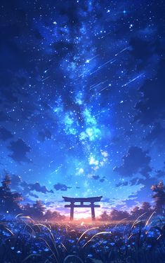 the sky is filled with stars and clouds, as well as an image of a bench