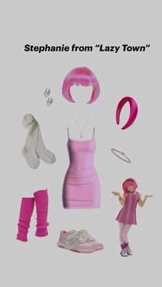 Pink dress, pink wig, Halloween costume, white sneakers, pink leg warmers, white tights Lazy Town Stephanie Costume, Pink Coquette Outfit, Lazy Halloween Costumes, Town Outfits, Lazy Halloween, Lazy Town, Coquette Outfit, Halloween Coustumes