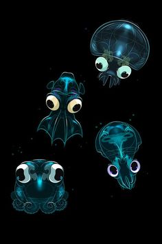 three different types of jellyfish on a black background with eyes and nose shapes in the shape of an octopus