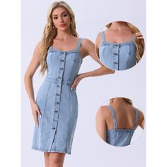 A jean dress is a must-have staple item in your all-year-around wardrobe. This sleeveless tank dress with breathable denim fabric, a simple and classic design, is perfect for summer. You also can pair it with casual basic t-shirt tops or blouses for an elegant and chic look. Stylish denim dresses for women can be easily dressed down, paired with some sweet sandals or a sassy pair of heels for a dainty and feminine look. Sleeveless Denim Top With Button Closure For Summer, Fitted Sleeveless Denim Top With Buttons, Fitted Sleeveless Denim Dress With Button Closure, Sleeveless Light Wash Denim Top With Button Closure, Medium Wash Sleeveless Denim Top With Buttons, Light Wash Sleeveless Denim Top With Button Closure, Summer Denim Top With Buttons Medium Wash, Summer Denim Top With Buttons In Medium Wash, Summer Denim Top With Buttons