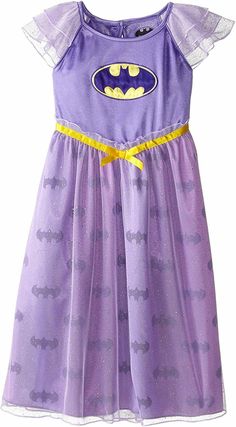 Batgirl Short Sleeve Nightgown Pajama  Girl Size 6/6X Infants, Toddlers, & Kids Size (approx) Alpha Height in Inches Weight in lbs Age Chest in Inches Waist in Inches 0-3m   up to 22" up to 11 lbs 0-3 mos     3-6m   22-25" 11-15 lbs 3-6 mos     6-9m   25-27" 15-18 lbs 6-9 mos     9-12m   27-29" 18-22 lbs 9-12 mos     12-18m   27-31" 18-26 lbs 12-18 mos     18-24m   29-33" 22-29 lbs 18-24 mos   &nbs Playful Cotton Loungewear Dress, Playful Cotton Dress For Pajama Party, Fitted Purple Dress For Playwear, Purple Cotton Dress For Playtime, Fitted Cotton Dress For Sleepover, Fitted Cotton Sleep Dress, Cotton Fitted Sleep Dress, Purple Sleeveless Bedtime Dress, Purple Sleeveless Dress For Bedtime