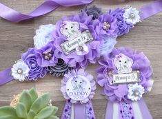 purple and white flowers are on top of each other with the words mommy k is for daddy to be