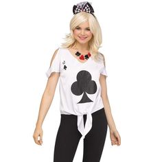 If you're looking for a fun group costume for your and your 3 best friends, this Deck of Cards Costume Kit is perfect! This costume kit includes a white shirt with a large black club and letter J printed in front and ties at the waist. Also included are a necklace with club, heart, spade, and diamond charms and matching headband with attached bow and playing cards. Have your friends dress up as the diamond, heart, and spade so that you're sure to win the prize for best group costume! Size: small Deck Of Cards Costume, Miranda Lambert Hair, Cards Costume, Best Group Costumes, Headband Curls, Easy Hairstyle Video, Man Bun Hairstyles, Friends Dress, Boho Waves