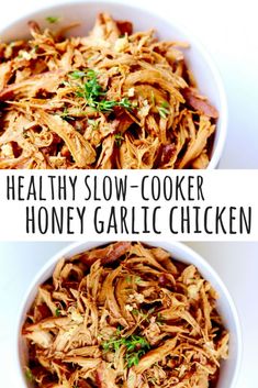 healthy slow cooker honey garlic chicken recipe in two white bowls with text overlay