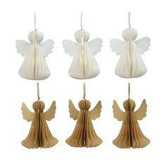 four white angel ornaments hanging from strings