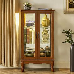 a wooden cabinet with glass doors in front of a window next to a potted plant