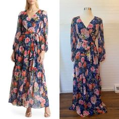 Eliza J Chiffon Floral-Print Faux-Wrap Tiered Maxi Dress, Size 4, New Without Tags, Excellent Condition, Gorgeous Dress! A Bouquet Of Blossoms Beautifully Accents This Maxi Dress From Eliza J V-Neck; Maxi Silhouette Concealed Back Zipper Closure Faux-Wrap Design; Self-Tie Belt At Waist Lined Spring Flowy Faux Wrap Maxi Dress, Spring Fitted Faux Wrap Maxi Dress, Blue Faux Wrap Spring Dress, Spring Blue Faux Wrap Dress, Floral Dress Outfits, Eliza Dress, Eliza J Dresses, Eliza J, Tiered Maxi Dress