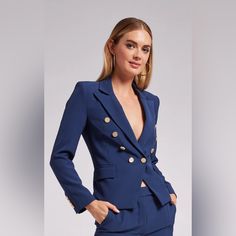 Meet Your New Favorite Blazer. Crafted With Crisp Crepe, Chic Gold Buttons And A Timeless Double-Breasted Design, The Amelia Is A Classic Piece That's A Must-Have For Any Day Of The Week. Style With A Button-Up And Slacks For The Office Or A Cropped Tee And Jeans For Brunch. Product Fit & Details 95% Polyester, 5% Spandex Professional Dry Clean True To Size Length: 22 1/8", Sleeve Length: 23" Elegant Workwear Blazer With Gold Buttons, Elegant Blazer With Gold Buttons For Workwear, Chic Party Blazer With Gold Buttons, Elegant Party Blazer With Gold Buttons, Elegant Outerwear With Gold Buttons, Fitted Blazer With Gold Buttons For Semi-formal Occasions, Fitted Semi-formal Blazer With Gold Buttons, Elegant Evening Blazer With Gold Buttons, Elegant Evening Outerwear With Gold Buttons