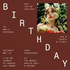 a birthday party flyer with a photo of a woman and flowers in the center, on a brown background