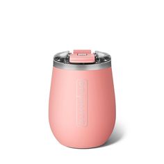 the insulated cup is pink and has a silver lid