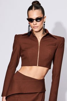 Cropped Zipper Jacket in Chocolate Pre-Order 4-6 Weeks Final Sale Made in NYC For inquiries regarding customization email: info@christiansiriano.com Luxury Fitted Cropped Jacket With Long Sleeves, Luxury Fitted Long Sleeve Cropped Jacket, Luxury Tailored Cropped Jacket For Fall, Luxury Long Sleeve Cropped Jacket For Office, Chic Formal Blazer With Zipper Closure, Elegant Brown Long Sleeve Cropped Jacket, Elegant Long Sleeve Brown Cropped Jacket, Luxury Fitted Cropped Jacket For Office, Fitted Long Sleeve Cropped Jacket With Zip Fly