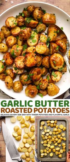 garlic butter roasted potatoes on a white plate