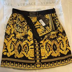 Nwt Authentic Versace Tribute Baroque Ss 1992 Silk Skirt Garment Bag Included Luxury Fitted Gold Skirt, Luxury Silk Formal Skirt, Luxury Silk Party Skirt, Luxury Silk Skirt For Party, Luxury Silk Skirt For Formal Occasions, Luxury Evening Mini Skirt, Designer Silk Skirt, Luxury Mini Skirt For Summer, Luxury Mini Skirt