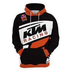 a black and orange hoodie with the ktm racing logo on it