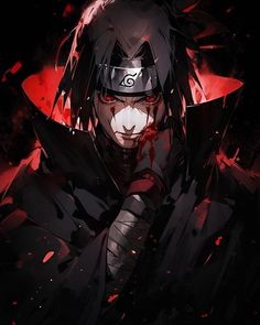 an anime character with black hair and red eyes wearing a helmet, standing in front of a dark background