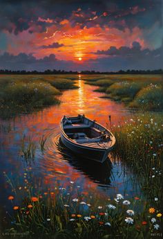 a painting of a boat on the water at sunset with daisies in the foreground