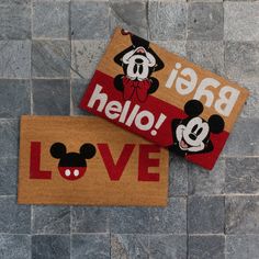 Allow Mickey to welcome your guests in style with these slip resistant coir mat sets. There are 2 coir mats included, one for the front door and one for the back. A great gift for Mickey fans of all ages, these coir mats are made with top quality 100% coir and a rubber back. When used properly, this mat will resist fading. Disney 2-ft x 3-ft Mickey Love Coir Rectangular Indoor or Outdoor Decorative Novelty Door Mat | 47533 Coir Rug, Hello Doormat, Mickey Love, Halloween Things, Coir Mat, Disney Decor, Coir Doormat, Animation Design, Christmas Snowflakes