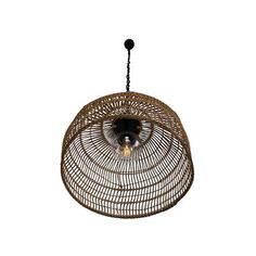 a brown rattan hanging light fixture on a white background