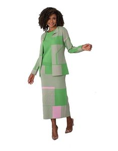 Kayla Knit 5309 3 piece Knit Skirt Suit Colors: Pink/Green, Red/Black Jacket Length: 25 1/2" Cami Length: 24" Skirt Length: 30" Sizes: 6, 8, 10, 12, 14, 16, 18, 20, 22, 24 Chic Stretch Winter Set, Chic Stretch Sets For Winter, Winter Workwear Stretch Sets, Stretch Sets For Winter Workwear, Stretch Winter Workwear Sets, Fitted Long Sleeve Sets For Spring, Fitted Green Sets For Fall, Tailored Long Sleeve Sets For Spring, Stretch Green Sets For Fall