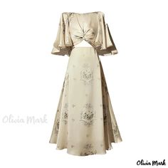 Olivia Mark - Sleek Satin Printed Dress with Exquisite Cut-out Waist and Short Sleeves France Dress, Short Sleeve Maxi Dresses, Crewneck Dress, Mode Inspo, Mid Length Dresses, Printed Dress, Maxi Dress With Sleeves, Looks Vintage, Printed Maxi Dress