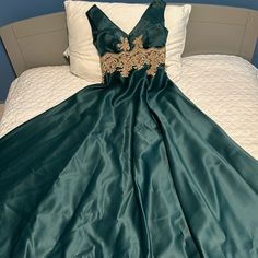 Beautiful Dress Used Like New. Emerald Green With Gold Lace Details At Waist And V Neck. Back Inseam, 29” Waist, 60” Long From Soulder. A Line Dress With Gold Details, Gold Lace, Gold Details, Beautiful Dress, Emerald Green, Lace Detail, Beautiful Dresses, Long Dress, Emerald