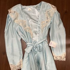 Gorgeous Baby Blue, This Piece Is Old But So Good! I Would Say 50s/60s. 1940s Nightgown Robes, Blue Robe Aesthetic, Vintage Nightgown And Robe, Vintage Satin Dress For Wedding Night, Blue Vintage Dress For Spring Wedding, Vintage Dresses For Wedding Night, Blue Vintage Dress For Vintage Events, Blue Vintage Dress For Wedding, Elegant Blue Vintage Dress For Daywear