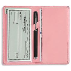 a pink wallet with a check and pen