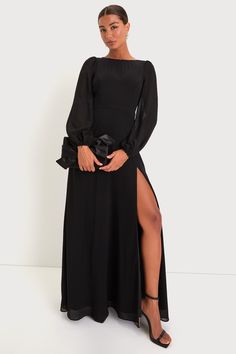 Black Chiffon Gown - Backless Maxi Dress - Black Sleeve Dress - Lulus Formal Dresses Long With Sleeves, Semi Formal Dresses Black, Maxi Dress Backless, Flowy Black Dress, Long Sleeve Bridesmaid Dress, Dress With Puffy Sleeves, Bridesmaid Dresses With Sleeves, Formal Dresses With Sleeves, Fall Wedding Guest Dress