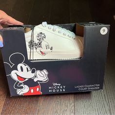 Aldi Disney Mickey Mouse Ladies Character Court Sneakers Size: 9 Condition: New In Box **Smoke-Free Home** Casual Mickey Mouse Lace-up Sneakers, Synthetic Sneakers With Character Print And Round Toe, Casual White Sneakers With Character Print, Black Mickey Mouse Sneakers For Streetwear, White Disney Sneakers In Synthetic Material, Disney White Low-top Sneakers, Casual High-top Mickey Mouse Sneakers, White Disney Synthetic Sneakers, Disney Mickey Mouse Low-top Sneakers