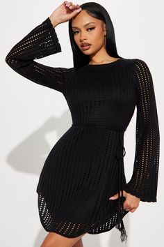 Available In Black. Crochet Mini Dress Long Bell Sleeves Scoop Neckline Waist Tie w/ Tassel Detail Round Hem Backless Lined Stretch 100% Acrylic Imported | Daydream Crochet Mini Dress in Black size Medium by Fashion Nova Crochet Dress Outfits, Black Crochet Dress, Long Bell Sleeves, Crochet Mini Dress, Crochet Dress Pattern, Crochet Woman, Medium Dress, Black Crochet, Crochet Dress