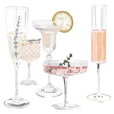 four different types of wine glasses with lemons and lavender sprigs in them