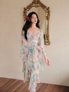 Fabric: 100% Polyester Size Guide: S: bust: 76-84cm, length: 118cm, waist: 60-64cm M: bust: 80-88cm, length: 119cm, waist: 64-68cm L: bust: 84-92cm, length: 120cm, waist: 68-72cm Shawl length: 196cm Feminine Fitted Long Sleeve Chiffon Dress, Elegant Long Sleeve Vintage Summer Dress, Summer Wedding Chiffon Dress With Long Sleeves, Summer Wedding Long Sleeve Chiffon Dress, Long Sleeve Chiffon Midi Dress For Garden Party, Fitted Long Sleeve Chiffon Dress For Summer, Long Sleeve Chiffon Mini Dress For Wedding, Fitted Knee-length Chiffon Dress For Beach, Summer Long Sleeve Chiffon Dress For Garden Party