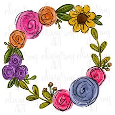 a watercolor wreath with flowers and leaves