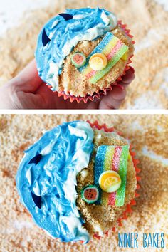 two pictures of cupcakes with blue frosting and buttons on them, one is decorated