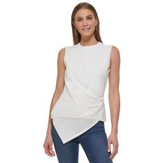 Dkny Elevates Your Basic Tank In This Sleeveless Top, With A Stand-Out Asymmetrical Hem. Approx. Model Height Is 5'10" And She Is Wearing Size 6 Crewneck Asymmetrical Envelope Hem Polyester (35% Recycled), Elastane Dry Clean Imported White Asymmetrical Tank Top For Spring, Casual White Asymmetrical Tank Top, Casual White Tank Top With Asymmetrical Hem, Versatile Sleeveless Blouse For Layering, Asymmetrical Fitted Tank Top For Layering, Fitted Asymmetrical Tank Top For Layering, Casual Tank Top With Asymmetrical Neckline For Spring, Fitted Casual Tank Top With Asymmetrical Hem, Spring Asymmetrical Tank Top For Layering