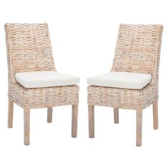 pair of wicker chairs with white cushions on the back and sides, side view