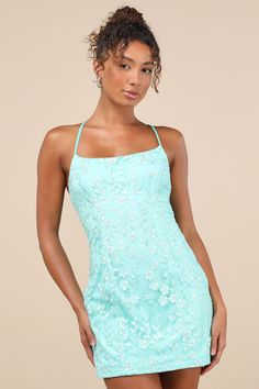 Your flirtiest heels have been begging to be paired with the Lulus Lively Sweetheart Turquoise Mesh Embroidered Lace-Up Mini Dress! Sweet floral embroidery adorns sheer mesh knit as it shapes a flattering scoop neckline supported by slender straps that lace up across the open back. The princess-seamed bodice continues into a figure-skimming bodycon silhouette that finishes with a cute mini hem. Hidden back zipper/clasp. Fit: This garment fits true to size. Length: Mid-thigh. Size medium measures Teal Hoco Dresses, Floral Homecoming Dresses, Turquoise Dress, Bodycon Floral Dress, Formal Dresses Short, Floral Embroidered Dress, Sweet Floral, Large Size Dresses, Embroidered Lace