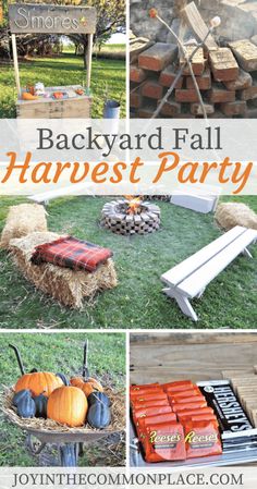 backyard fall harvest party with hay bales and pumpkins