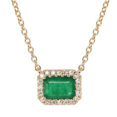 14kt gold and diamond emerald halo necklace on adjustable 16 - 18" chain *total emerald weight: 1ct *total diamond weight: .15ct Emerald, a powerful stone in preserving love and healing the heart, carries soothing energy and provides freshness and vitality to the spirit. Emerald promotes friendship, balance between partners, and is particularly known for bringing loyalty. It was dedicated in the ancient world to the goddess Venus for its ability to ensure security in love. **each piece is made w Luxury Emerald Diamond Necklace With Diamond Accents, Luxury Emerald Necklace With Halo Setting, Luxury Diamond Emerald Necklace, Fine Jewelry, Luxury Emerald Cut Fine Jewelry Emerald Necklace, Luxury Hallmarked Diamond Necklace With Emerald, Luxury Hallmarked Emerald Necklace With Diamonds, Luxury Emerald Cut Emerald Necklace For Engagement, Luxury Fine Jewelry Emerald Cut Emerald Necklace, Luxury Green Emerald Necklace With Halo Setting