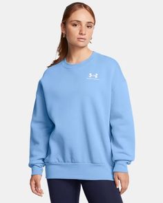 Women's UA Icon Fleece Oversized Crew | Under Armour Oversized Fleece Sweats For Sporty Style, Oversized Fleece Sweats For Sporty Look, Comfy Relaxed Fit Sweats For Sports, Blue Fleece Activewear For Fall, Cozy Fit Solid Sweats For Sports, Cozy Activewear For Fall Sports, Winter Fleece Activewear For Comfort, Casual Fleece Comfort Fit Activewear, Relaxed Fit Sweats For Sports In Fall