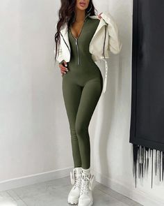 Details: Jumpsuit with zip designSleeve Length: Long Sleeves Bottom Length: Long Materials: 95% Polyester + 5% Spandex Women Long Sleeve Jumpsuit, Zipper Jumpsuit, Solid Jumpsuit, Fitted Jumpsuit, Zip Collar, Long Sleeve Jumpsuit, Long Jumpsuits, Slim Waist, White Long Sleeve