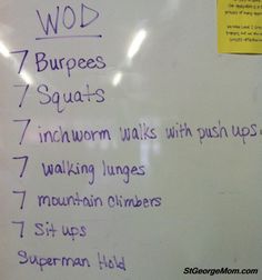 a white board with writing on it that says word 7 burpress squats