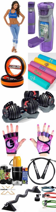 a collage of different items including yoga mats, dumbs and other sports equipment